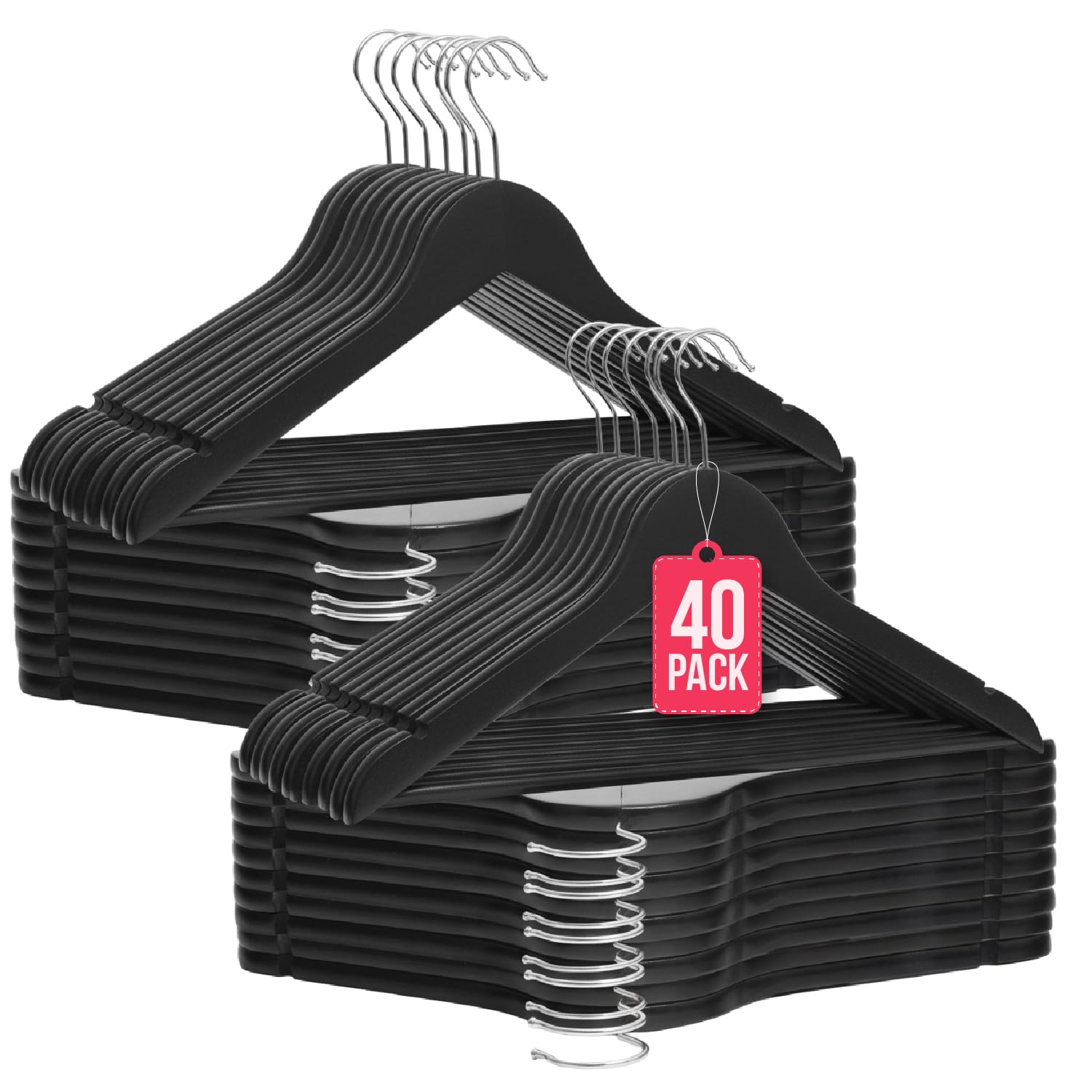 COM-Fort House - Lot de 40 cintres en Bois Massif Noir avec Crochet pivotant à 360° et encoches antidérapantes - avec Barre pour Pantalons - Haute résistance