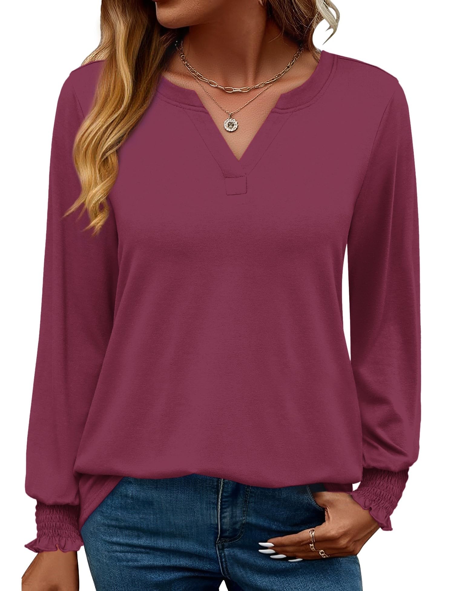 Rapbin Damen Bluse Langarm Tops Elegant Locker V-Ausschnitt Oberteile Shirt Casual Herbst Tunika