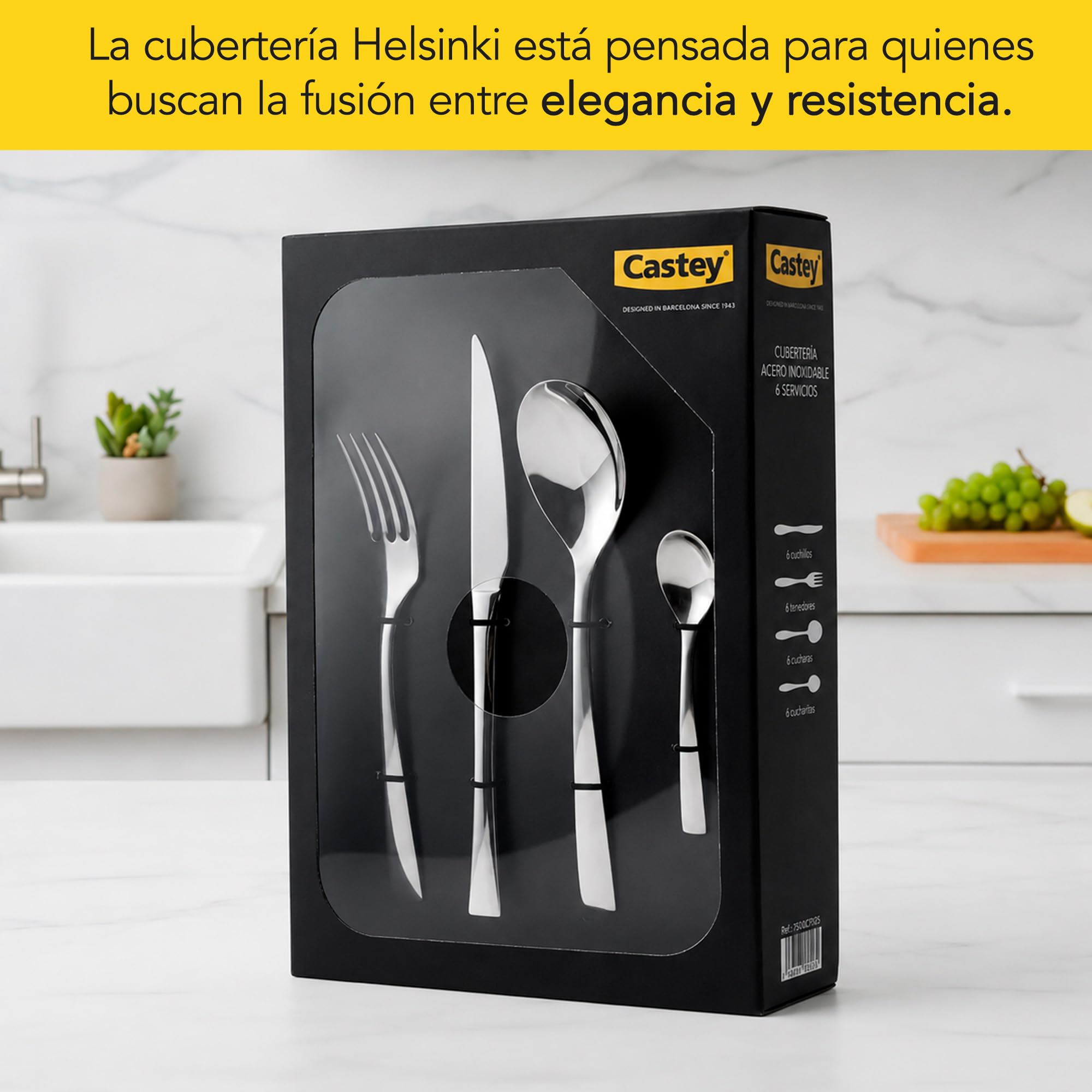 CASTEY - Cubertería Helsinki 24 Piezas, Acero Inoxidable, Diseño Escandinavo Minimalista, Acabado Pulido, Incluye 6 Tenedores, 6 Cuchillos Chuleteros, 6 Cucharas y 6 Cucharillas de Postre