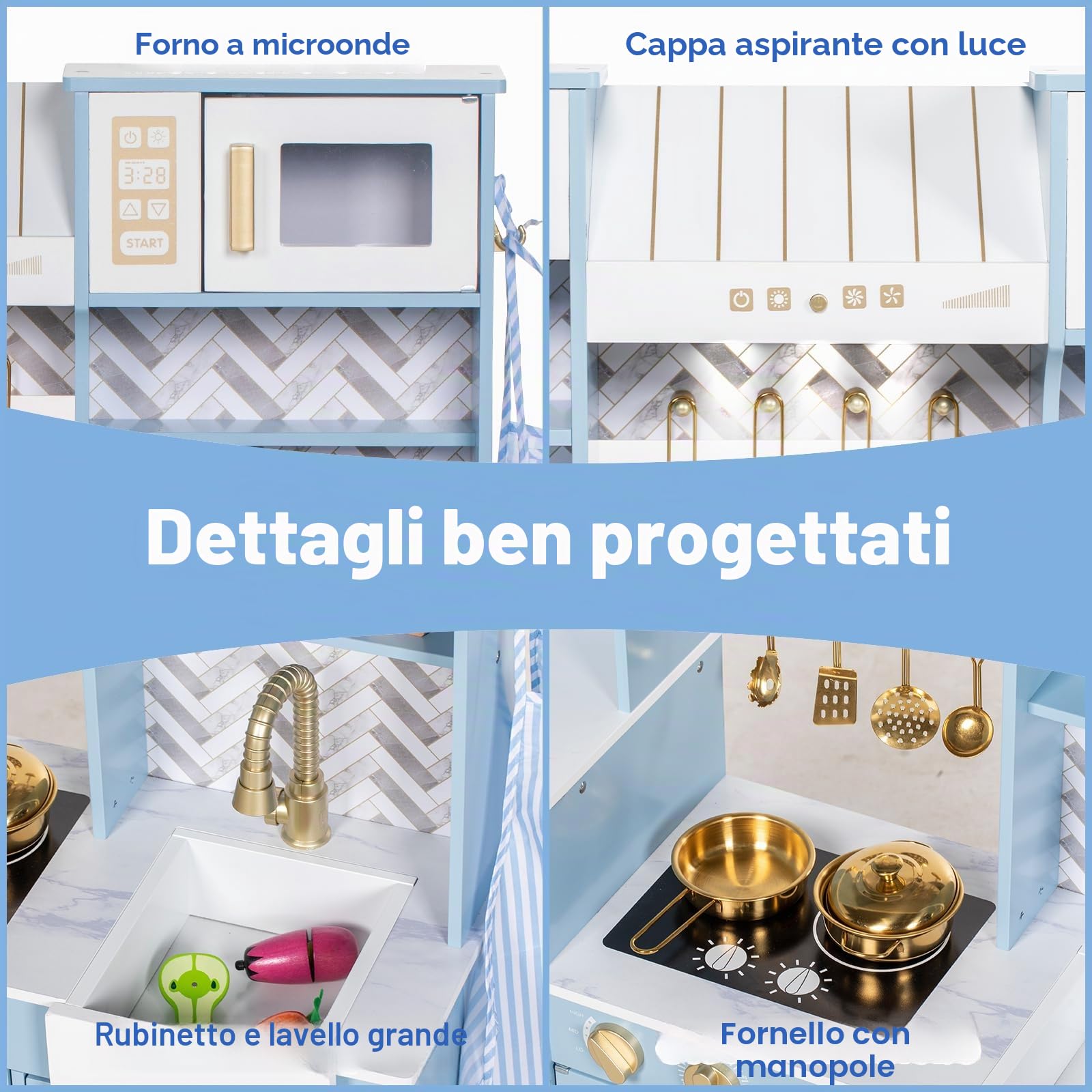 BRINJOY Cucina per bambini, in legno, set da cucina con tende, macchina da caffè, scaffalatura, fornello, lavandino, stoviglie, luce e suono, regalo per ragazze e ragazzi (blu)