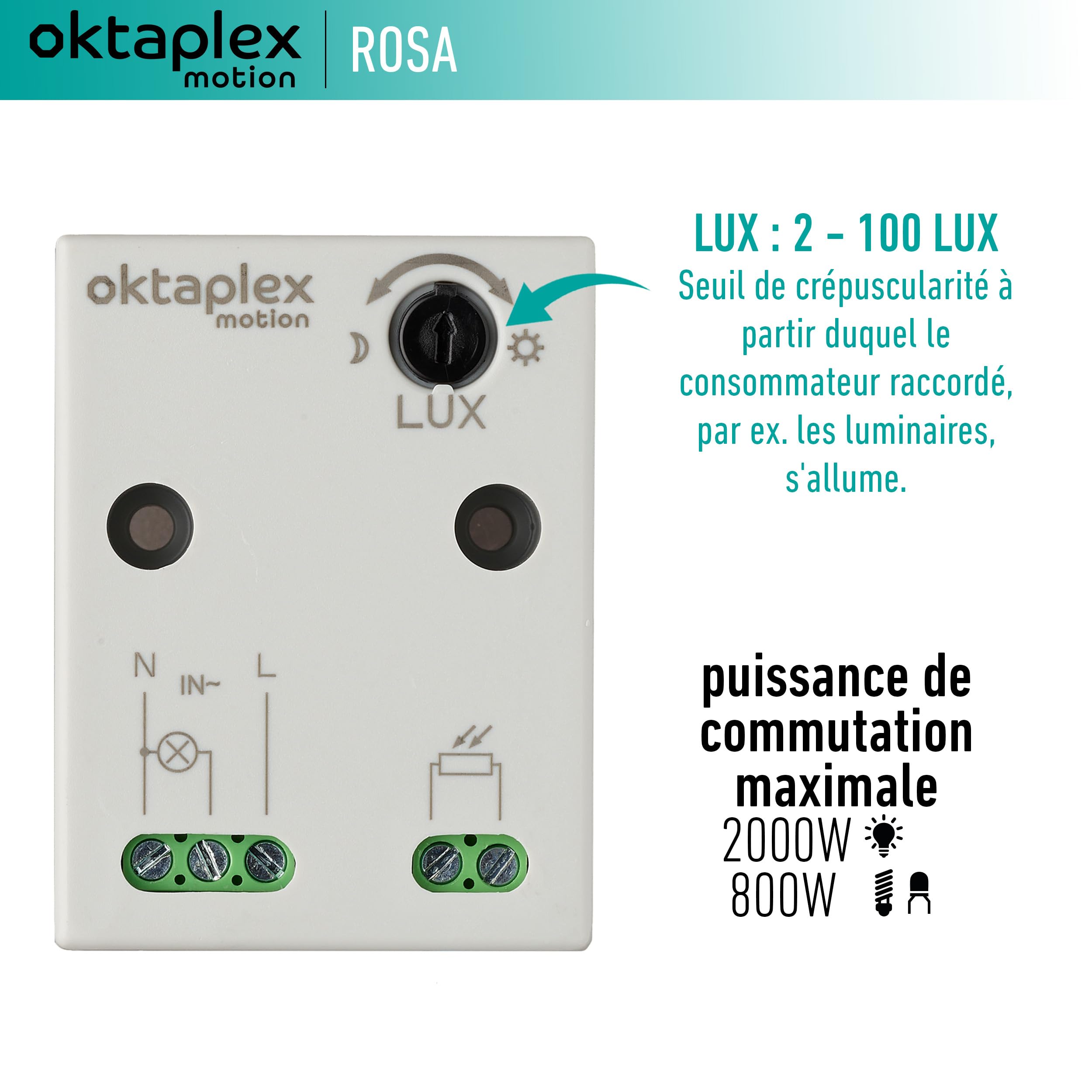 Oktaplex Rosa mini wbudowany przełącznik zmierzchowy czujnik zmierzchu zewnętrzny i wewnętrzny IP65 230 V biały