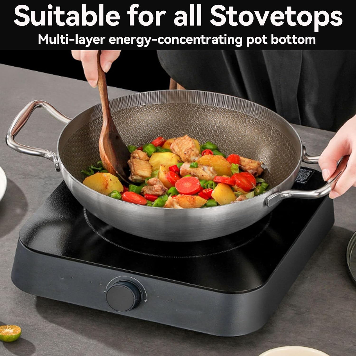 Titanium Hammered Wok with Double Handles, Multifunctional Ultra-Durable Scratch-Resistant Non Stick Even Heating Titanium Wok for Cooking,with Lid,11.02in