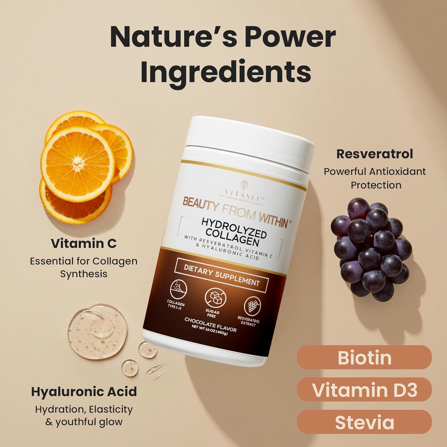 VITASEI Hydrolyzed Collagen Peptides Powder with Resveratrol & Vitamin C – Hair, Skin, Nails & Joint Support – Colágeno Hidrolizado for Women & Men – Delicious Chocolate Flavor, 16 oz (30 Servings) - Image 4