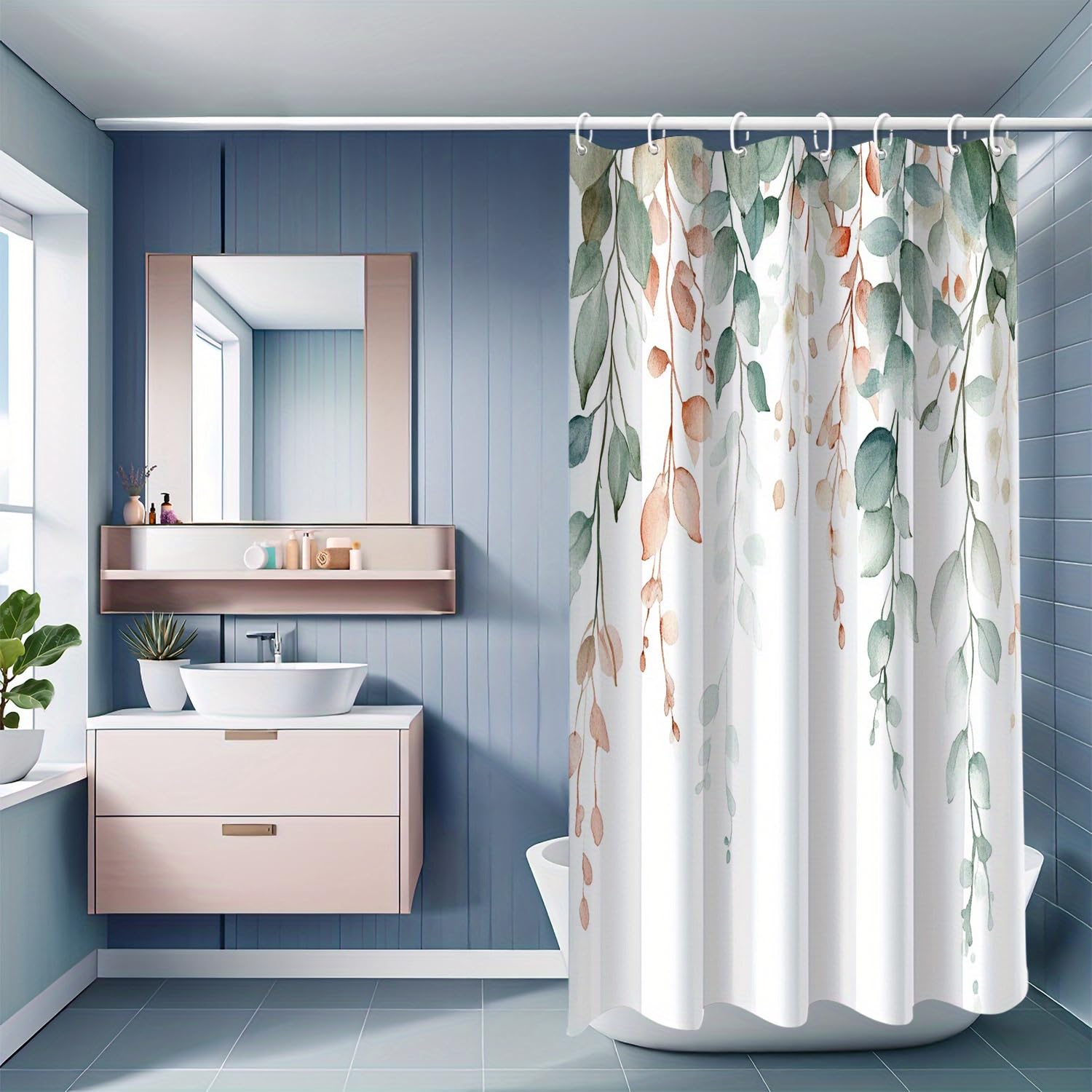 Uiyiui Multicolor-1 Bohemian Watercolor Eucalyptus Leaf Print Shower Curtain 72X72in/182X182cm/Wxh Machine Washable Polyester Fabric Bathroom Curtains For Bathroom Bathtub Decor With 12 Hooks