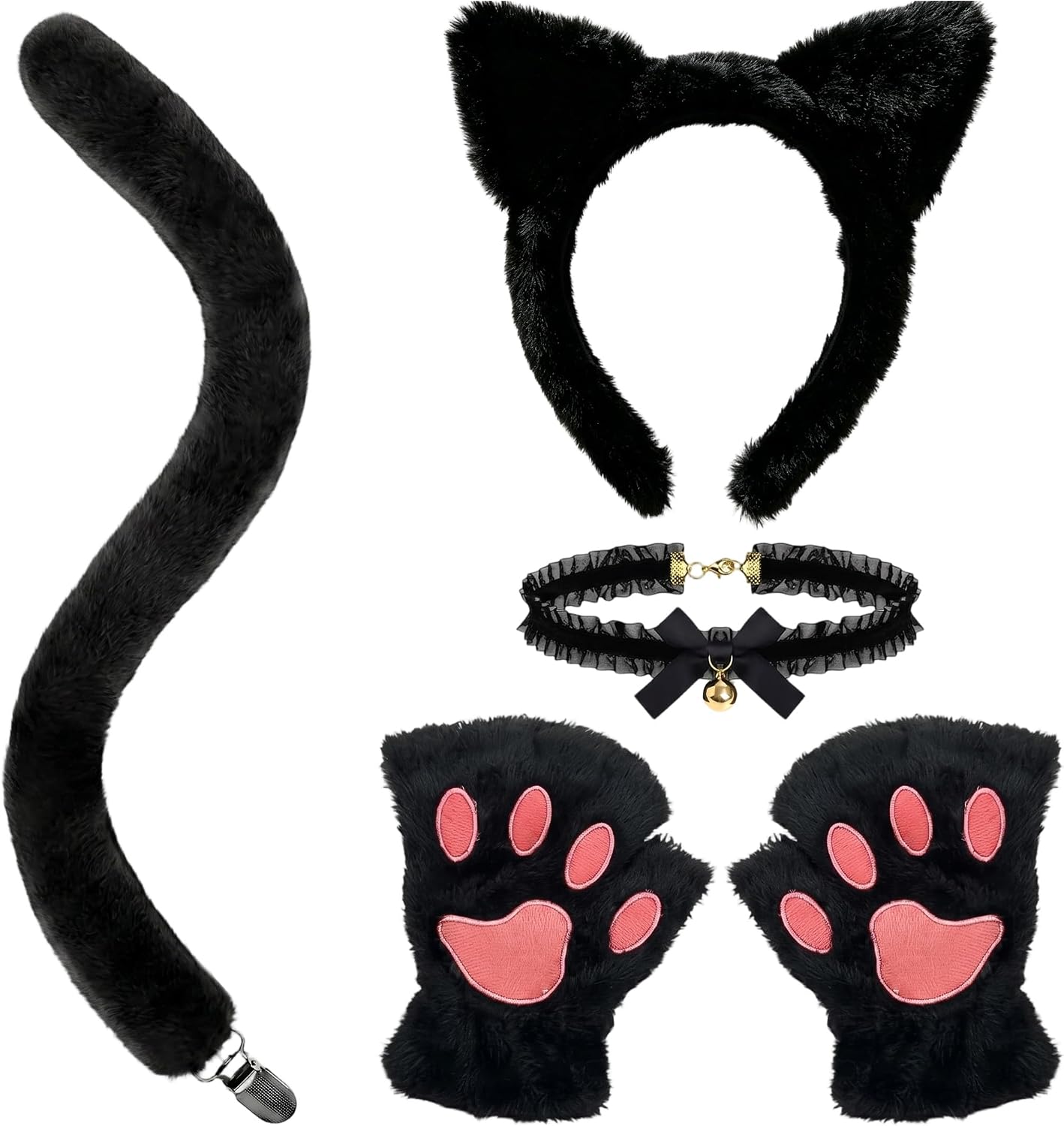 4 Pcs Black Cat Costume for Women with Cat Ears and Tail Paws Cloves Choker