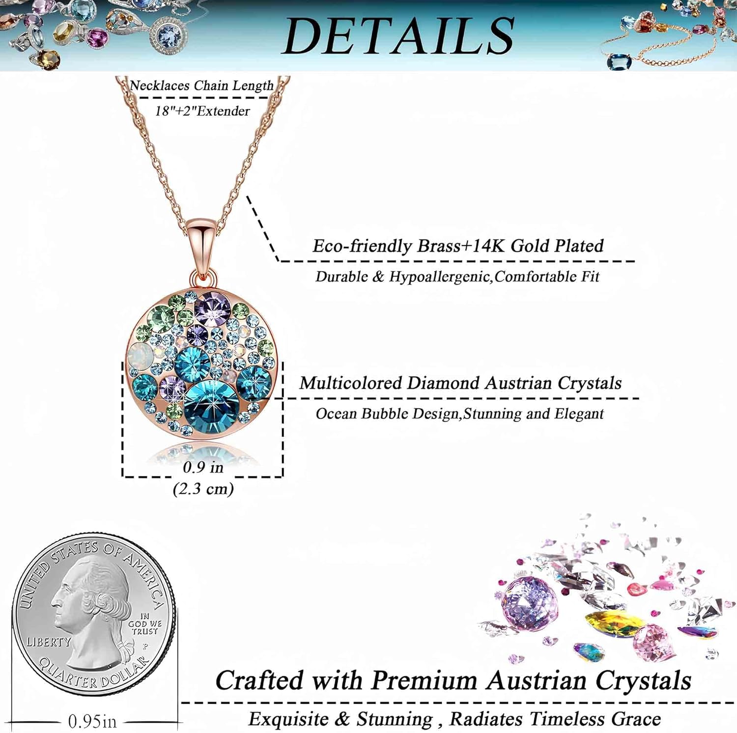 EVEVIC Austrian Crystals Round Disc Pendant Necklaces for Women Fashion 14K Gold Plated Hypoallergenic Dainty Jewelry - Image 4