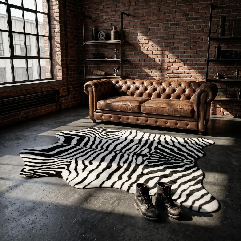 MustMat Faux Zebra Area Rug,Soft Black and White Zebra Print Rugs,Industrial Style Decor,4'7'' × 5'3''