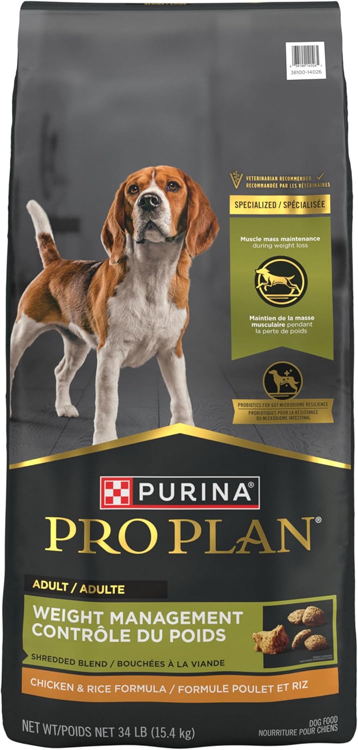 Purina Pro Plan Weight Management Dog Food Dry, Shredded Blend Chicken and Rice Formula - 34 lb. Bag