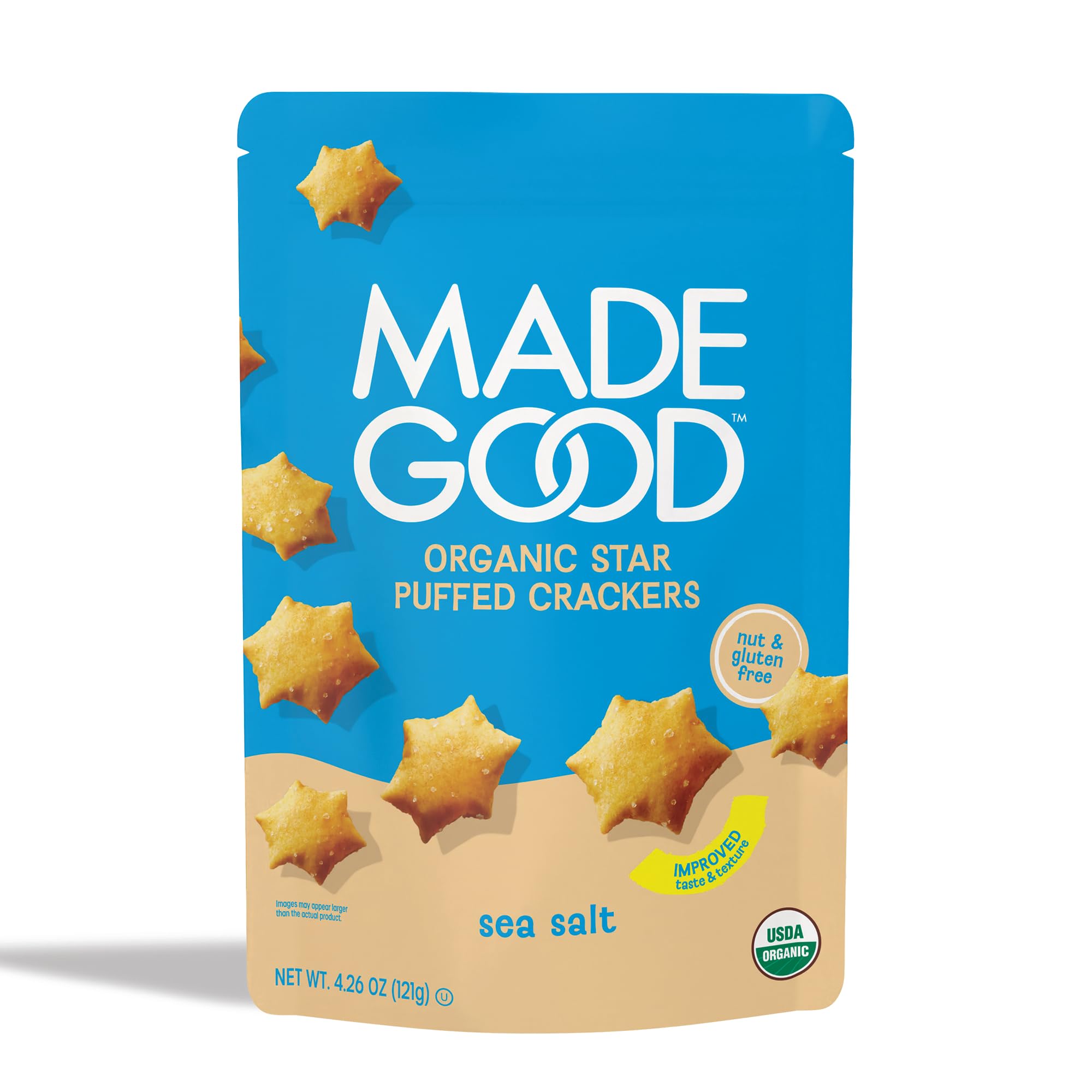 MadeGood Sea Salt Star Puffed Crackers, 4.26oz Pouch, Organic Snacks