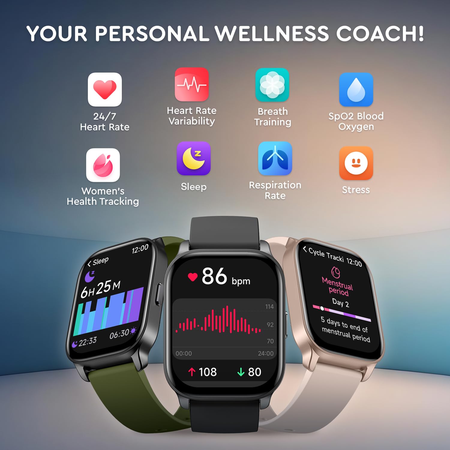 OCTANDRA Spark VeryFit - Reloj inteligente Bluetooth de 2 pulgadas con respuesta de llamada Alexa, energía corporal, frecuencia cardíaca, saturación de oxígeno, monitor de sueño, rastreador de pasos