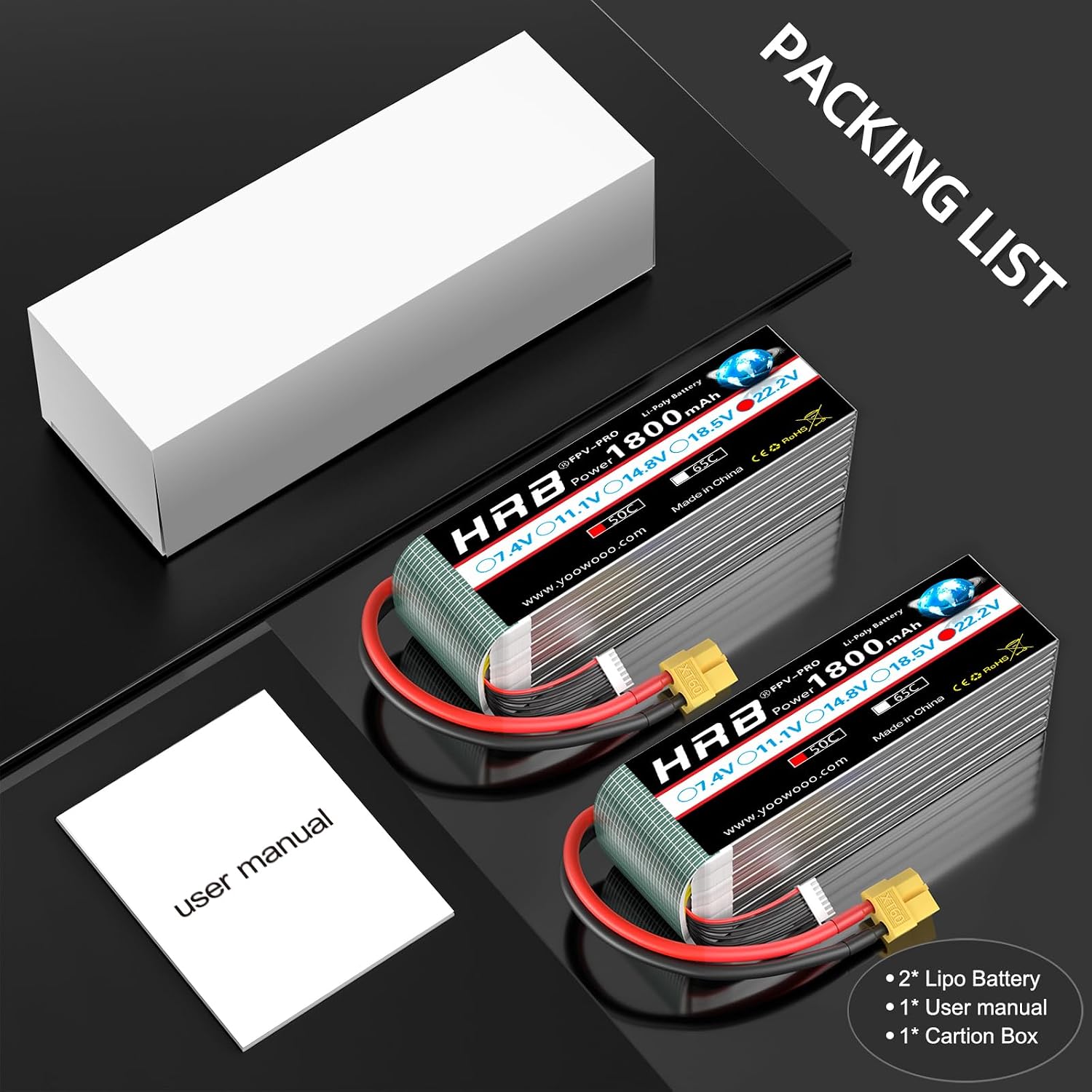 HRB 2PCS 1800mAh 6S 22.2V 50C Lipo Battery with XT60 Plug Compatible with RC Helicopter Airplane Car Boat Truck