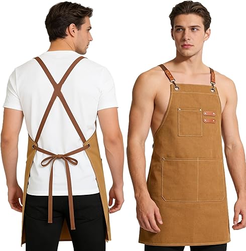 Delantales artísticos de lona con espalda cruzada, para mujeres y hombres, correas ajustables con hebilla, delantal de cocina con bolsillos, para