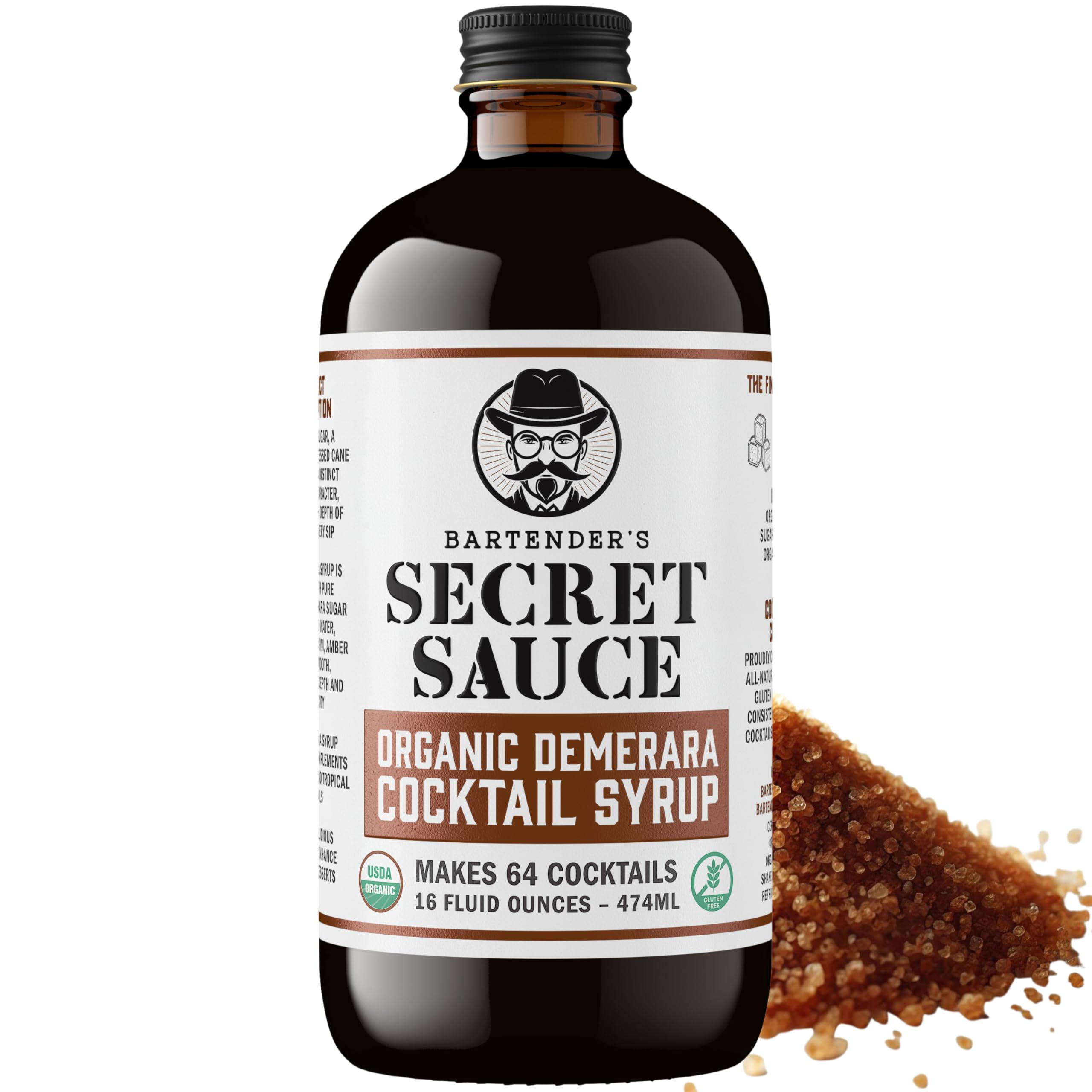 Bartender’s Secret Sauce USDA Organic Demerara Cocktail Syrup – Handcrafted with Rich Organic Demerara Sugar – Gluten-Free – Makes 64 Cocktails (16oz Bottle) – Great for Old Fashioneds, Tiki & Coffee Drinks – Just Add Bourbon or Rum