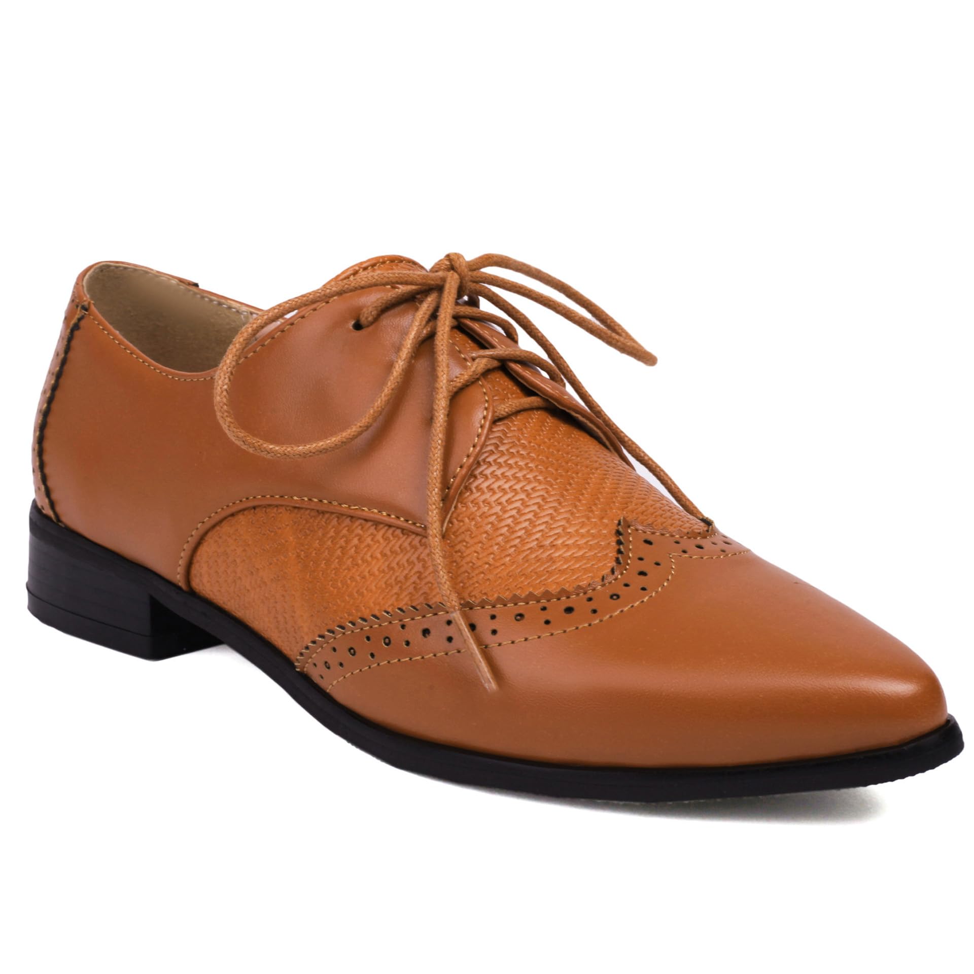 Womens Leather Comfortable Lace Up Low Heel Brogue Oxford Shoes Classic Retro Breathable Pointed Toe Low Top Business