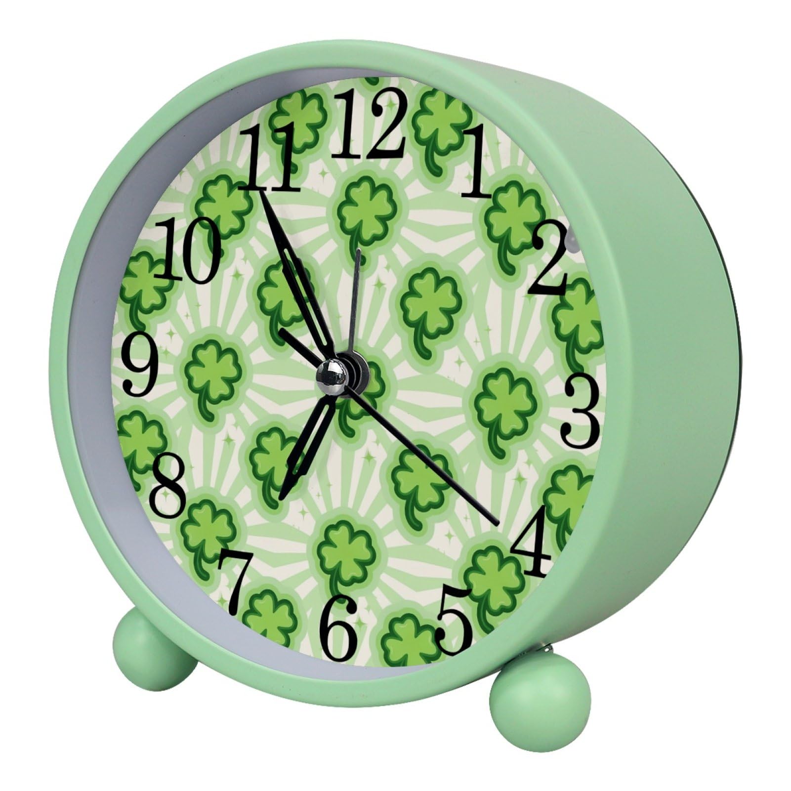 etoenbrc St. Patrick's Day Clovers Round Battery Operated Bedside Alarm Clock Non-Ticking Desktop Silent Analog Alarm Clock with Light