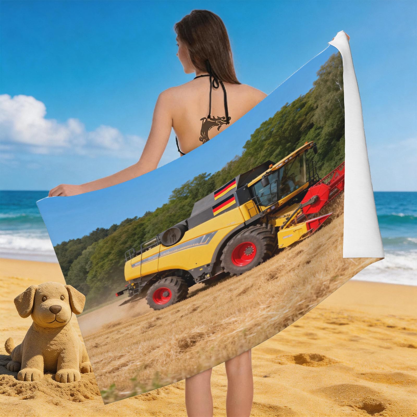 Leichong Men's Yellow 3D Harvester Beach Towel Large Microfiber Soft Quick Dry For Adults, Machinery Bath Towel Lightweight Soft Absorbent For Travel Swimming Pool Sports, 180 X 90 Cm