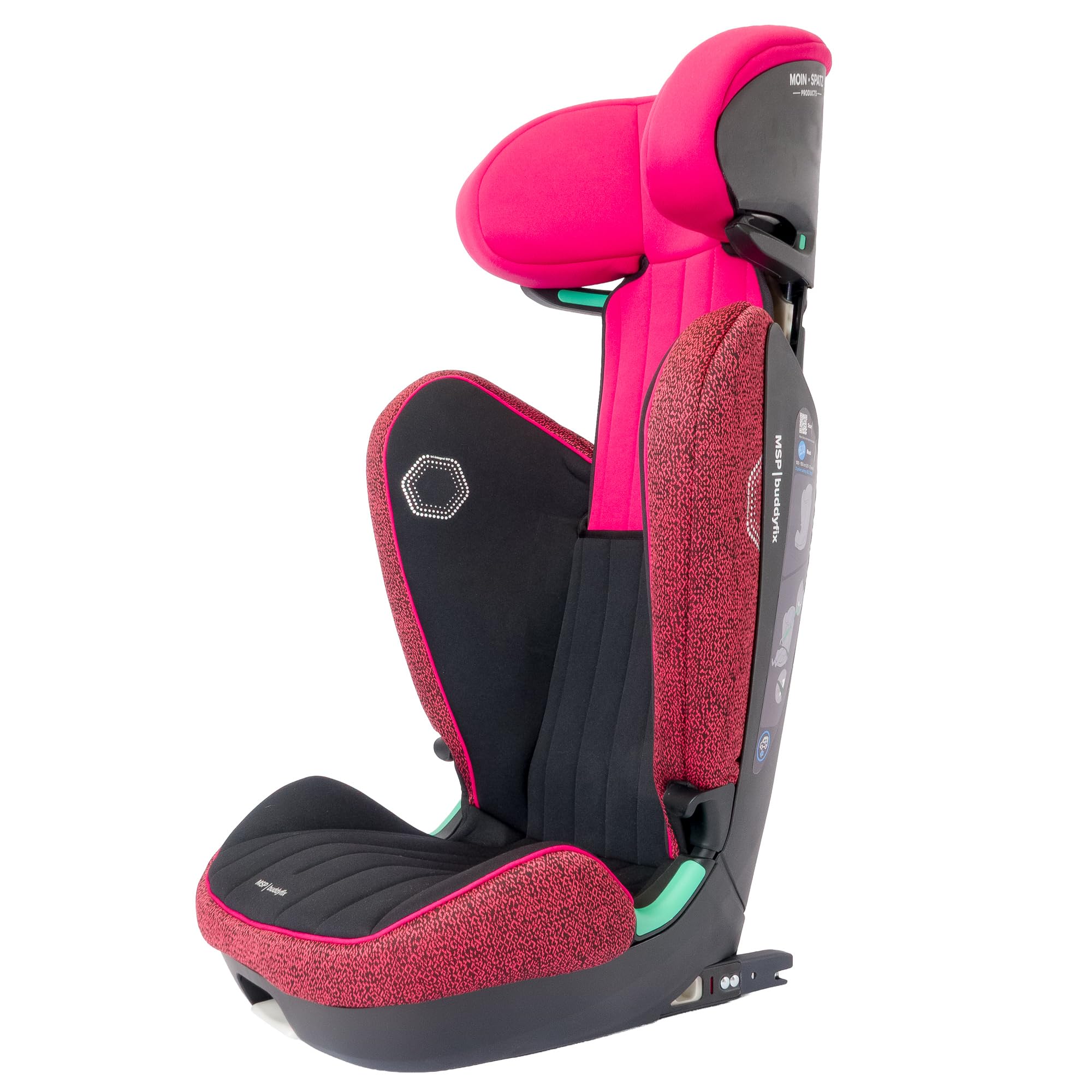 buddyfix Kindersitz 15-36 kg, 100-150 cm, ab 3 Jahre, Pink/Schwarz | Sitzerhöhung Auto Kinder mit Rückenlehne, für Autos mit und ohne Isofix, mitwachsend, UN R129, MSP, Moin Spatz Products