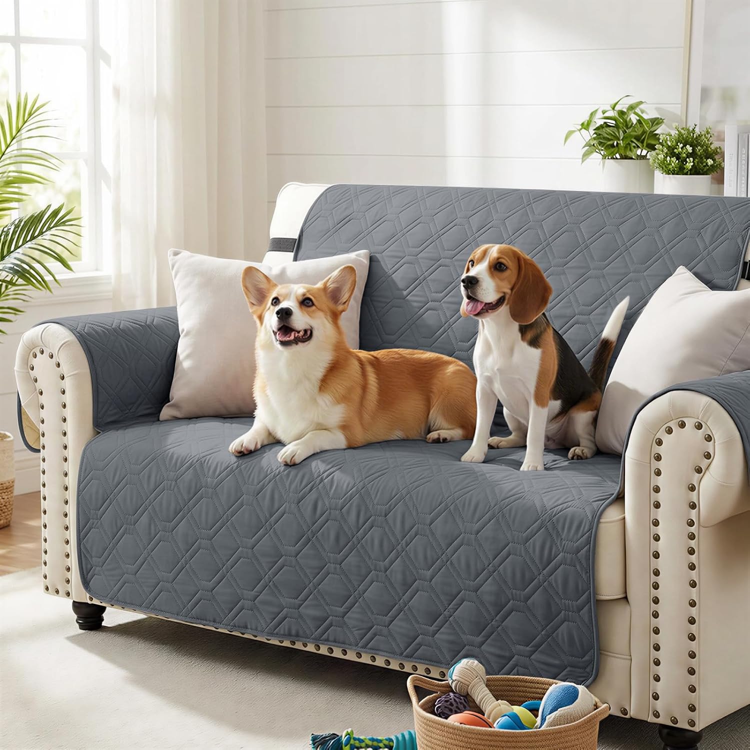 Waterproof Sofa Sofa Cover Couch Covers for 3 Cushion Couch, Washable Slipcover with Pockets & Non-Slip Elastic Straps, Furniture Protector for Pets Kids Dog(Dark Gray,Sofa)