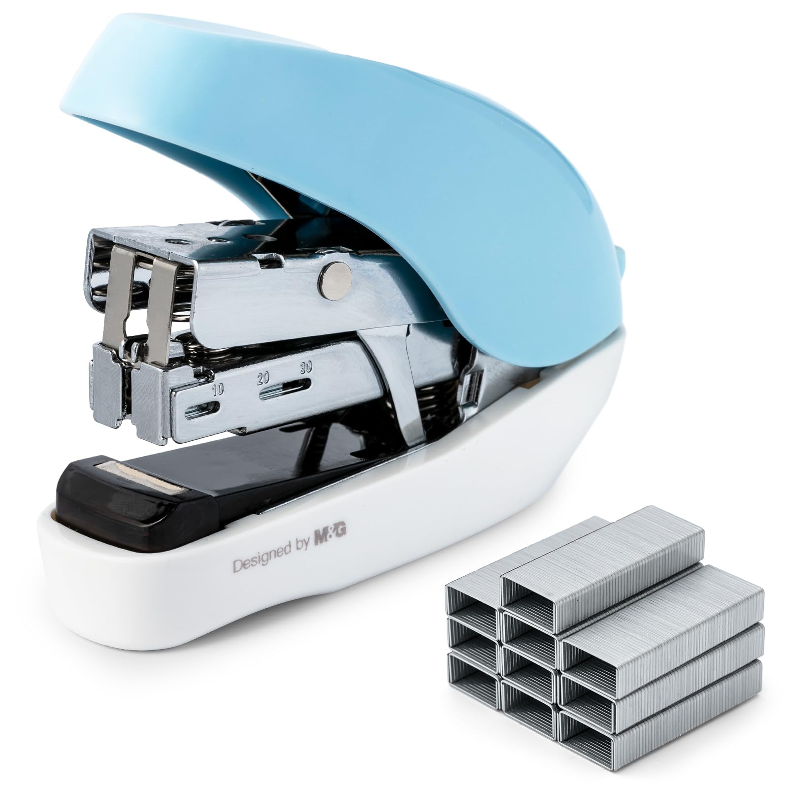 M&amp;G Mini Stapler with Staples, Small Blue Effortless Stapler Set, 20 Sheet Capacity, One Finger, 1000 Standard Staples, Office staplers for Desk, Easy to Load