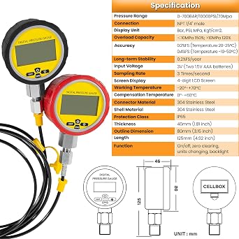 70M Digital Hydraulic Pressure Test Coupling Kit Hydraulic Pressure Gauge Kit for Excavator Construction Machinery 2 Gauges 2 Test Hoses 11 Couplings 700BAR/10000PSI/70Mpa