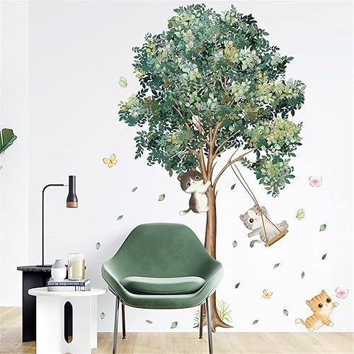 Miniatura 4 de Calcomanías de pared de árbol y gato, hojas verdes, calcomanías de pared para sala de estar, dormitorio, sofá, fondo de TV, decoración de pared