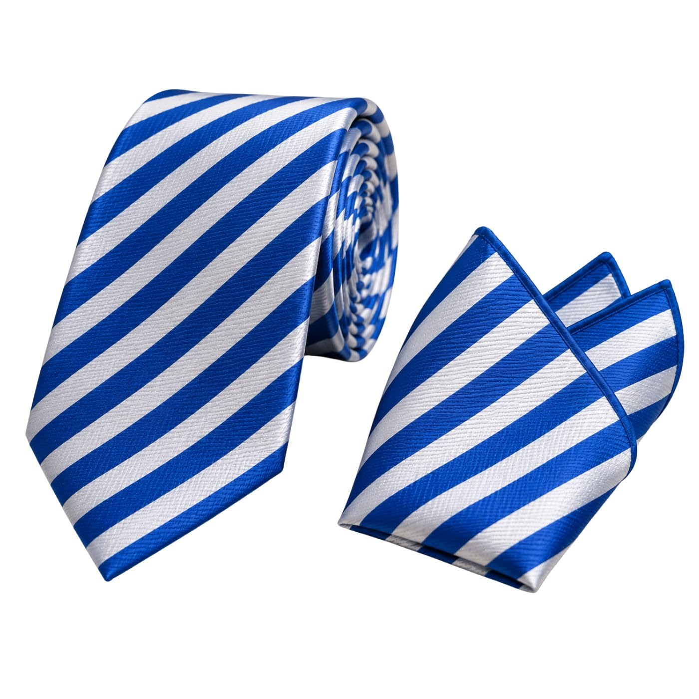 calixto Men's Blue & White Striped Tie and Pocket Square Set – Classic Woven Satin Necktie with Matching Handkerchief – Business, Wedding, Formal, Office, Party, Groom,Elegant Accessories-picture-29
