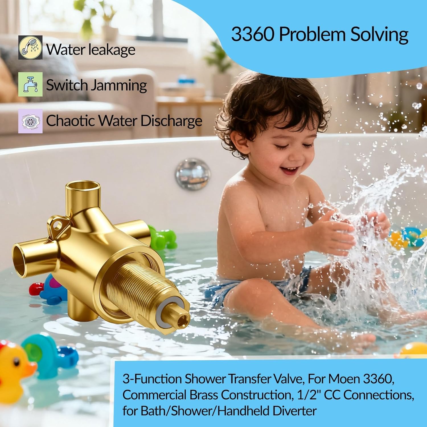 Commercial 3-Way Shower Diverter Valve, Solid Brass Shower Transfer Valve Replacement Part for Moen M-Pact Common Valve System, Standard 1/2 Inch Connection, Model 3360