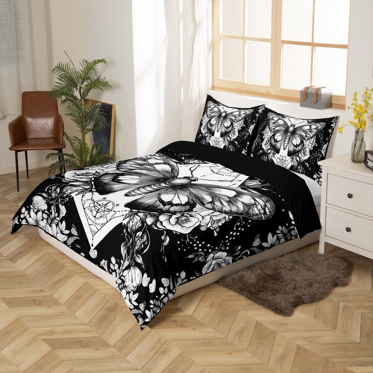 Gothic Moth Duvet Cover Full Size Death Moth Decor Bedding Set Animal Skeleton Halloween Decoration,Boho Goth Bedroom Decor Skull Comforter Cover Bohemian Floral Bedding Set with 2 Pillowcases