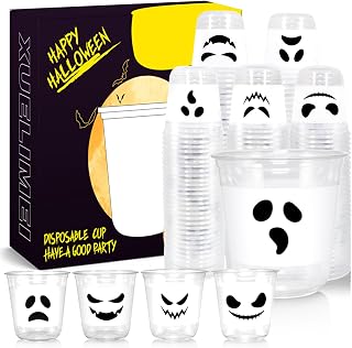 12oz White Black Ghost Halloween Disposable Plastic Cups Happy Halloween clear Cups for Party Supplies Coffee, Beer, Drinks, Ice Cream, Snack and More (100)