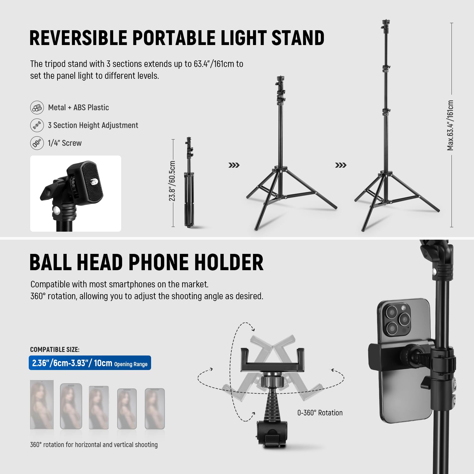 NEEWER Zestaw 2 paneli wideo LED 15 W 27,4 cm (10,8") ze statywami i uchwytami na telefon 160 cm, dwukolorowe oświetlenie studyjne o zmiennej intensywności 816 luksów CRI95+ do fotografii, L220