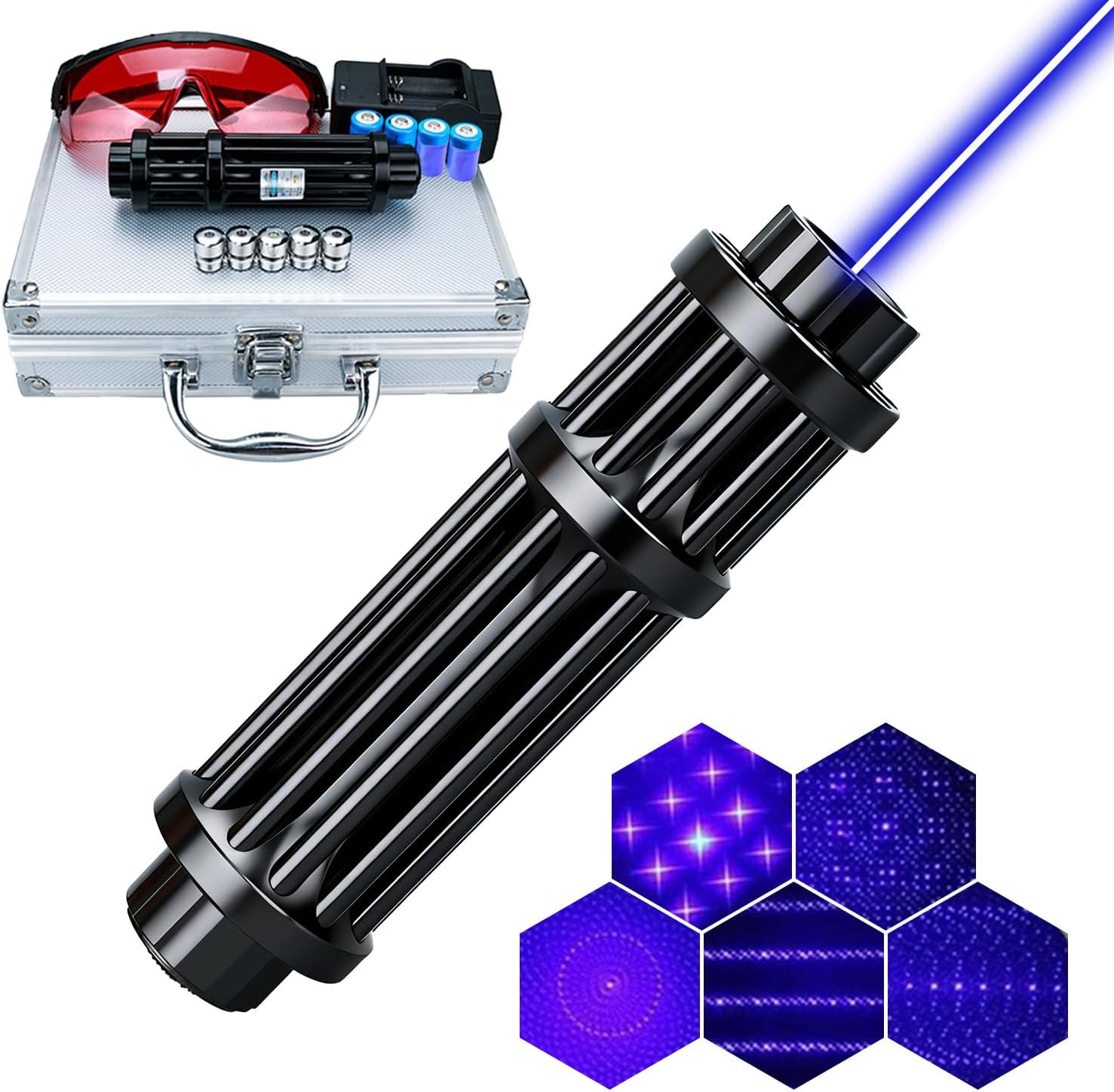 High Power Blue Rechargeable LED Outdoor Flashlight, 6 Light Modes, Zoomable and Waterproof, Perfect for Camping, Hiking, and Fishing (Battery)