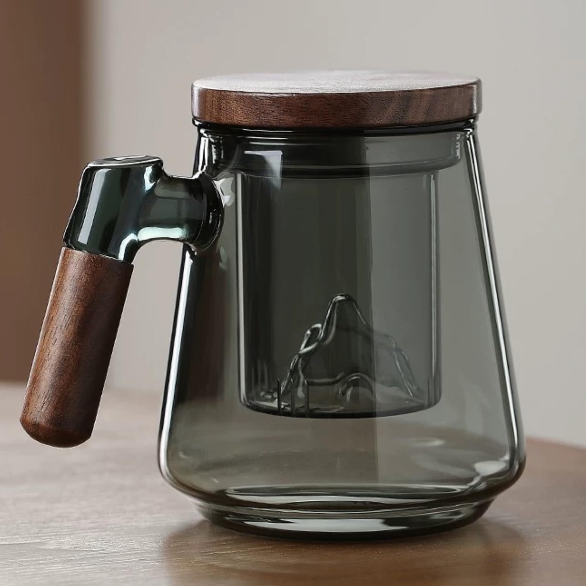 Janyoo Grey 500Ml Glass Tea Cup With Infuser And Lid, Infuser Mug With Wood Handle, Steeping Mug Loose Leaf Tea Mugs Large Strainer Cups At Home And Office (Gray)