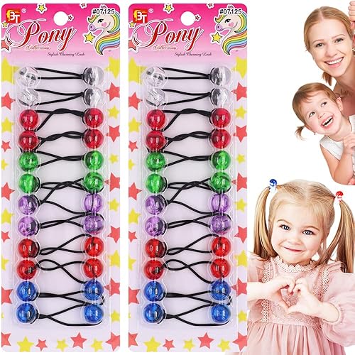 Vista 12 de Beauty Town 24 ligas para el cabello con cuentas de burbujas, soportes para cola de caballo de 0.630 in para niñas y niños, elásticos coloridos