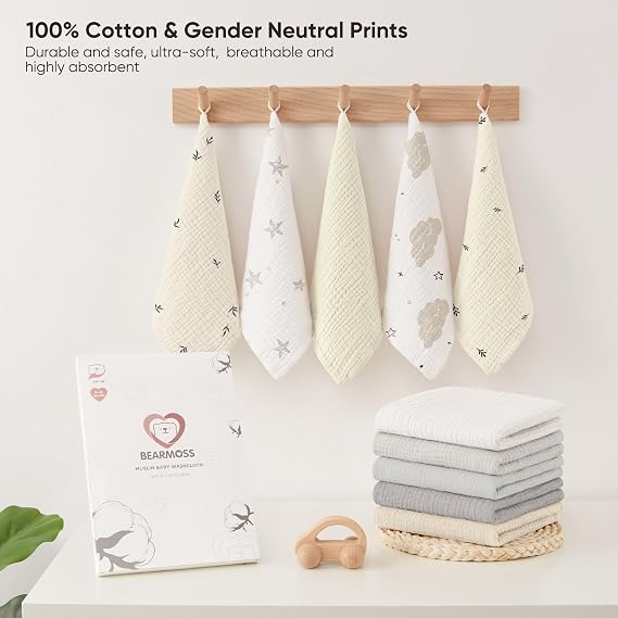 bearmoss Muslin Squares Cloths 100% Cotton Baby Burp Cloth 25x25CM Large Ultra-Absorbent Burp Cloth Soft Baby Face Towel for Newborn Baby Boy and Girl, 10Pack (Neutral)