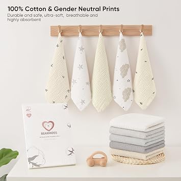 bearmoss Muslin Squares Cloths 100% Cotton Baby Burp Cloth 25x25CM Large Ultra-Absorbent Burp Cloth Soft Baby Face Towel for Newborn Baby Boy and Girl, 10Pack (Neutral)