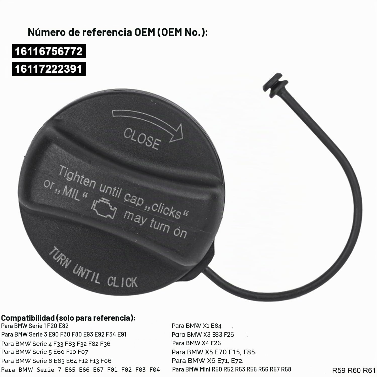 YAOPEI Tapa de gas para depósito de combustible Ensamblaje de tapa de tanque Compatible para BMW y Mini Cooper E36 E39 E46 E60 E90 E92 X3 X5 16116756772 16117222391