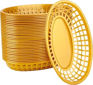 EUSOAR Plastic Oval Gold Food Baskets, 36 Pack, Reusable, Microwave & Dishwasher Safe, Great for Burger Fries Sandwiches Bread Rolls Fruit Serving Storage