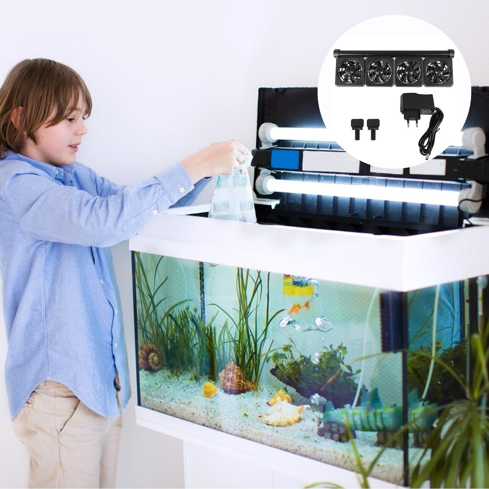 Ventilador de Enfriamiento para Acuario Negro de 4 Cabezales Ajustable | Fiesta Verano, Plástico y Aleación de Aluminio, Ac220 a 12v, Cable 120cm, Sujeción 1, 2cm