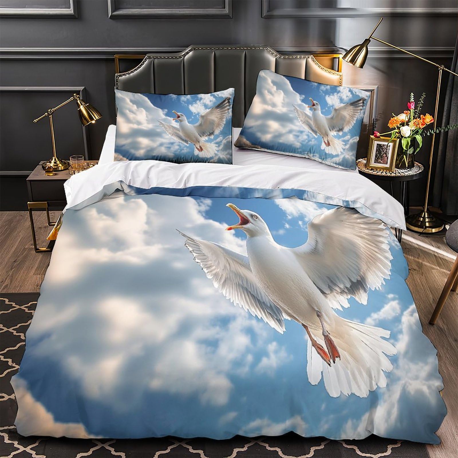Housse de couette mouette 3D en microfibre résistante et respirante pour lit double 200x200