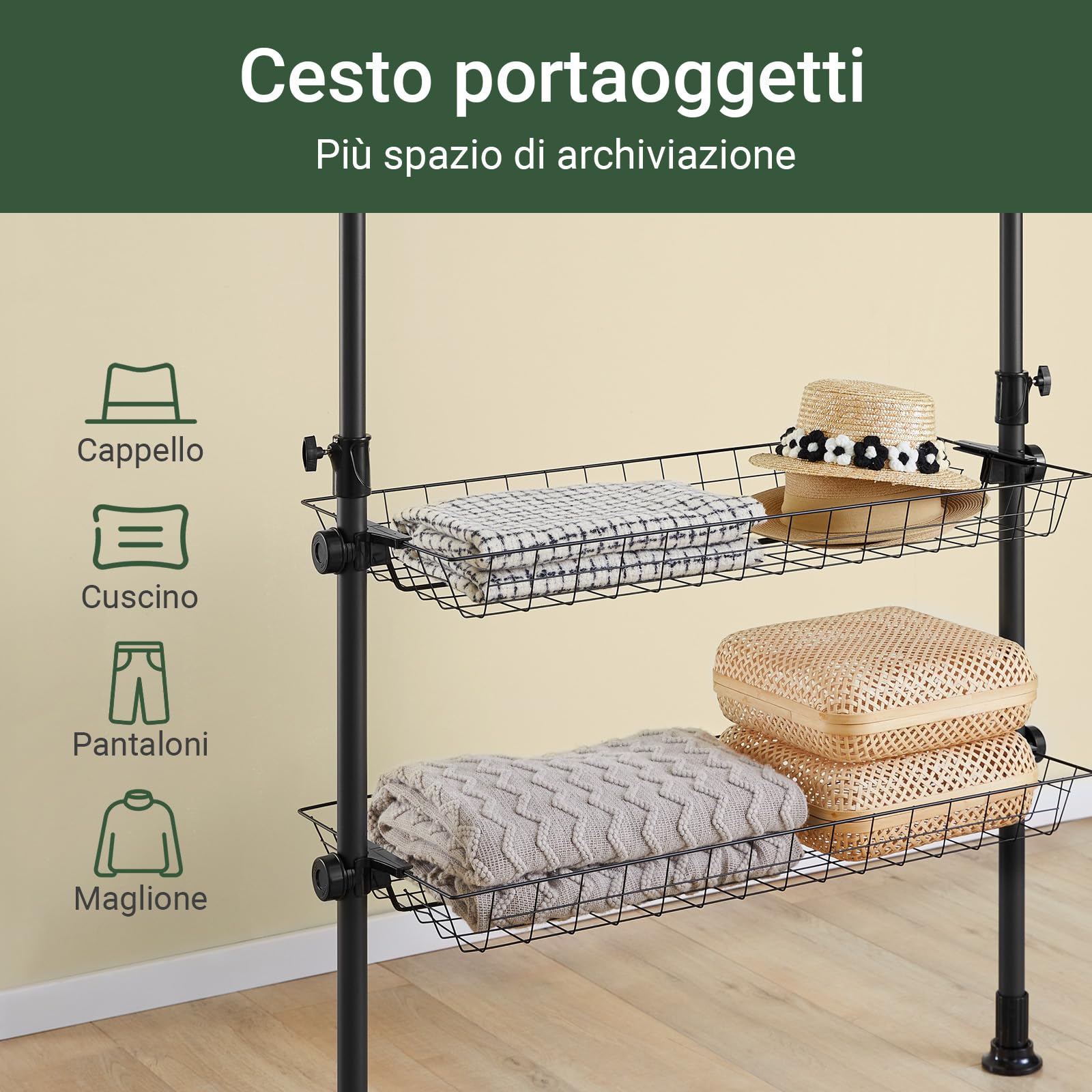 SoBuy Telescopic Appendiabiti da Terra, Robusto Stand Appendiabiti con Aste e Ripiani, Armadio Aperto Regolabile per Camera da Letto, Porta Abiti Nero KLS04-II-SCH