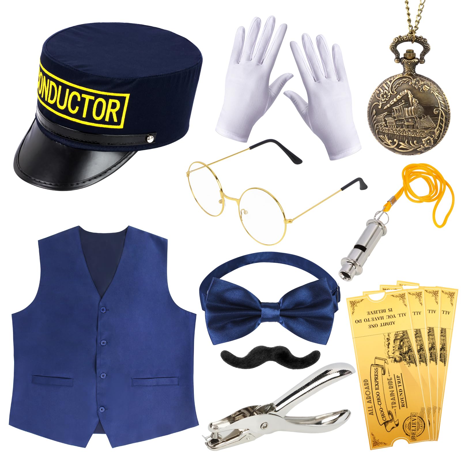 Kyson 21 Pcs Train Conductor Costume Christmas North Pole Express Costume Accessories Set for Men Women Halloween (Navy Blue Hat with Embroidery)