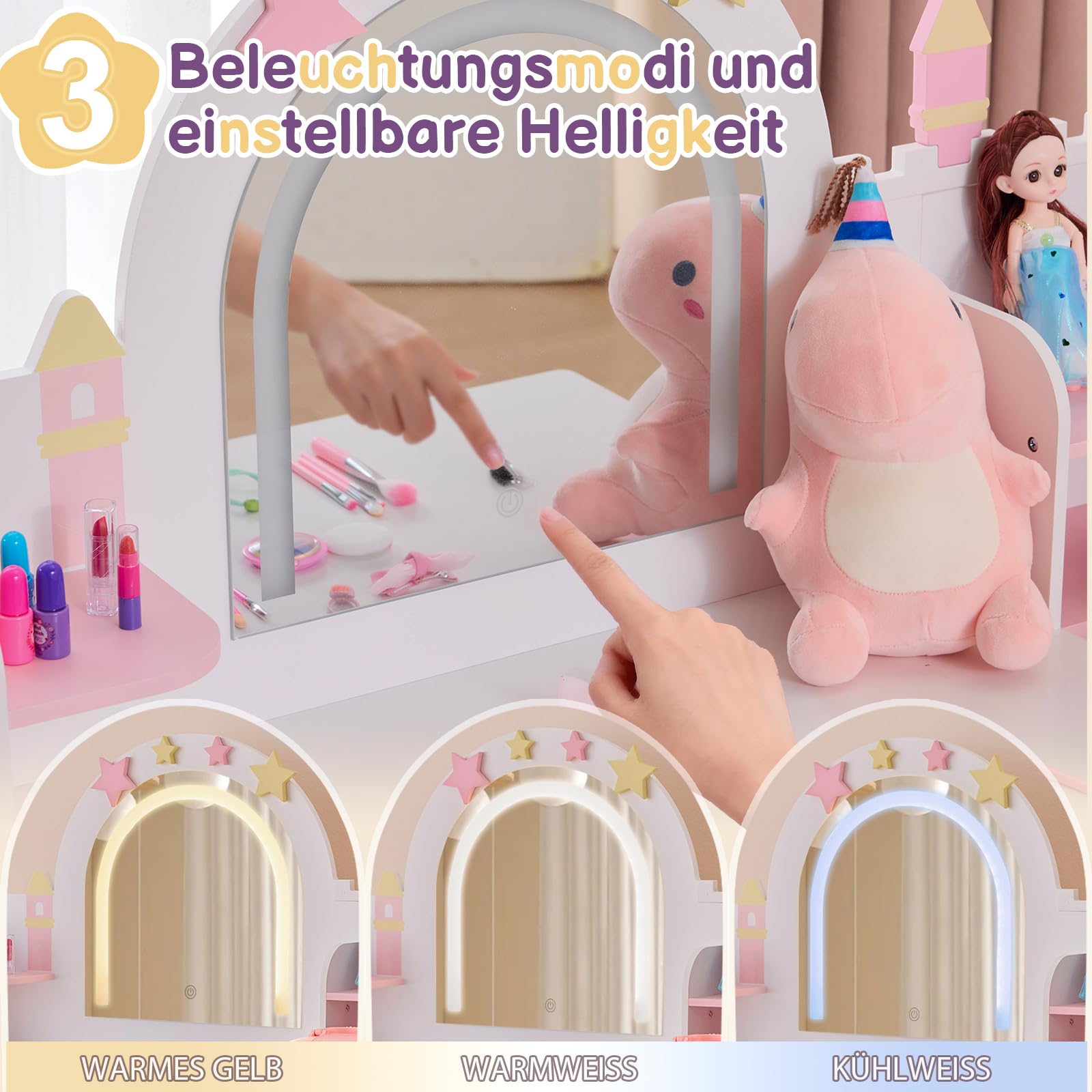 LALAHO Schminktisch Kinder mit Hocker Frisiertisch Kinderschminktisch für Mädchen aus Holz mit Beleuchtung, Spiegel, 5 Schubladen & Bücherregal，-Kosmetiktisch Set für ab 3 Jahren，(Weiß)