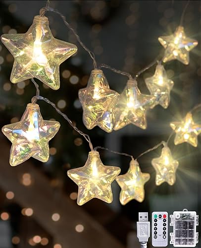 AceList Guirnalda de luces LED de estrella, funciona con USBbatería, 20 luces LED parpadeantes con control remoto, 8 modos, diseño impermeable para