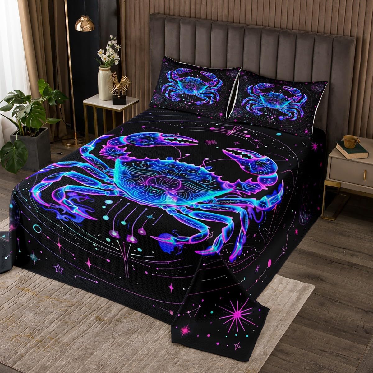12 Constellations Quilt Set for Kids Teens,Leo Bedspread Coverlet,Purple Pink Star Moon Bed Cover Universe Galaxy Bedding Set Decorative Quilted 2 Piece Coverlet Set with 1 Pillow Sham,Twin Size