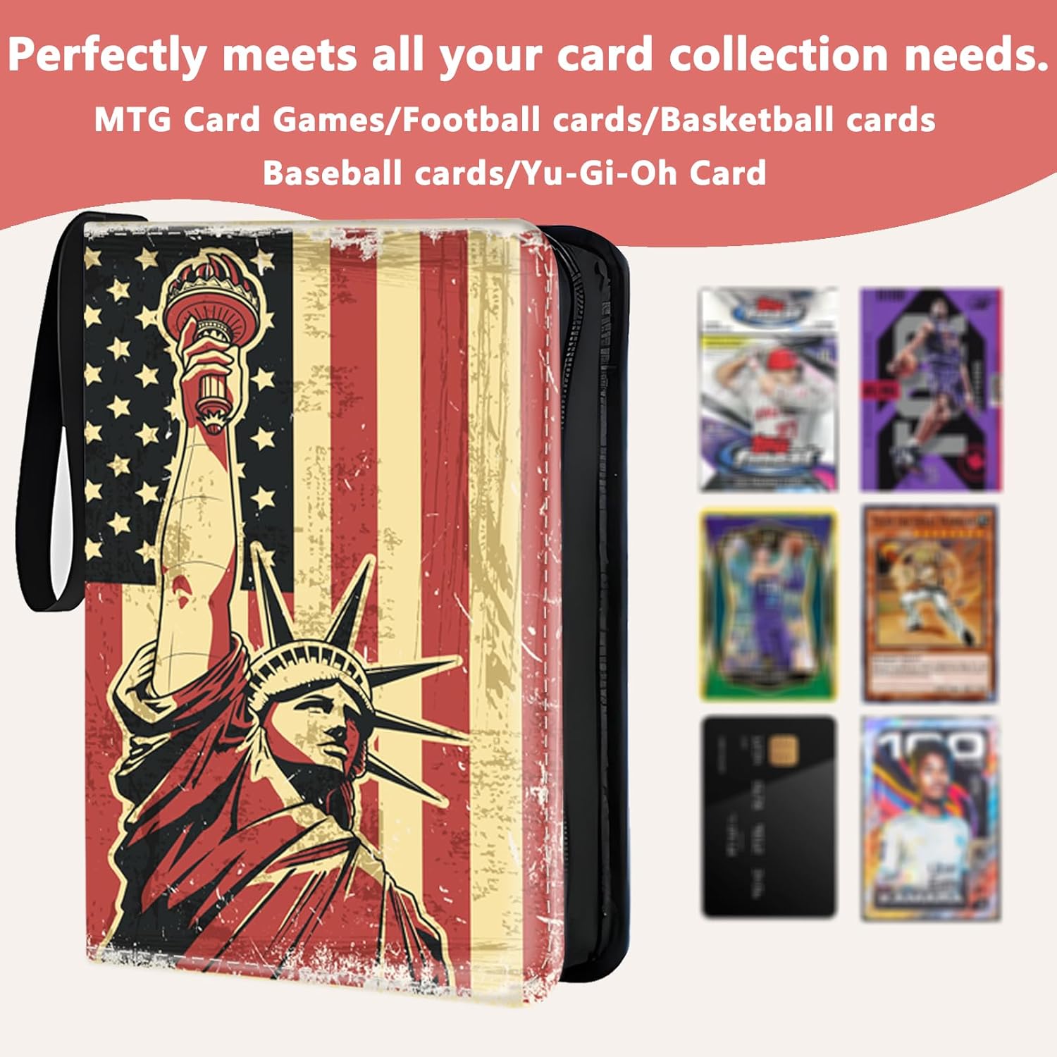 Trading Card Binder, 4 Pockets 400 Card Holder Collector Album with 50 Removable Sleeves, Portable Trading Collection Album for photocard kpop mtg/TCG Game Football Sports Cards, Statue Liberty