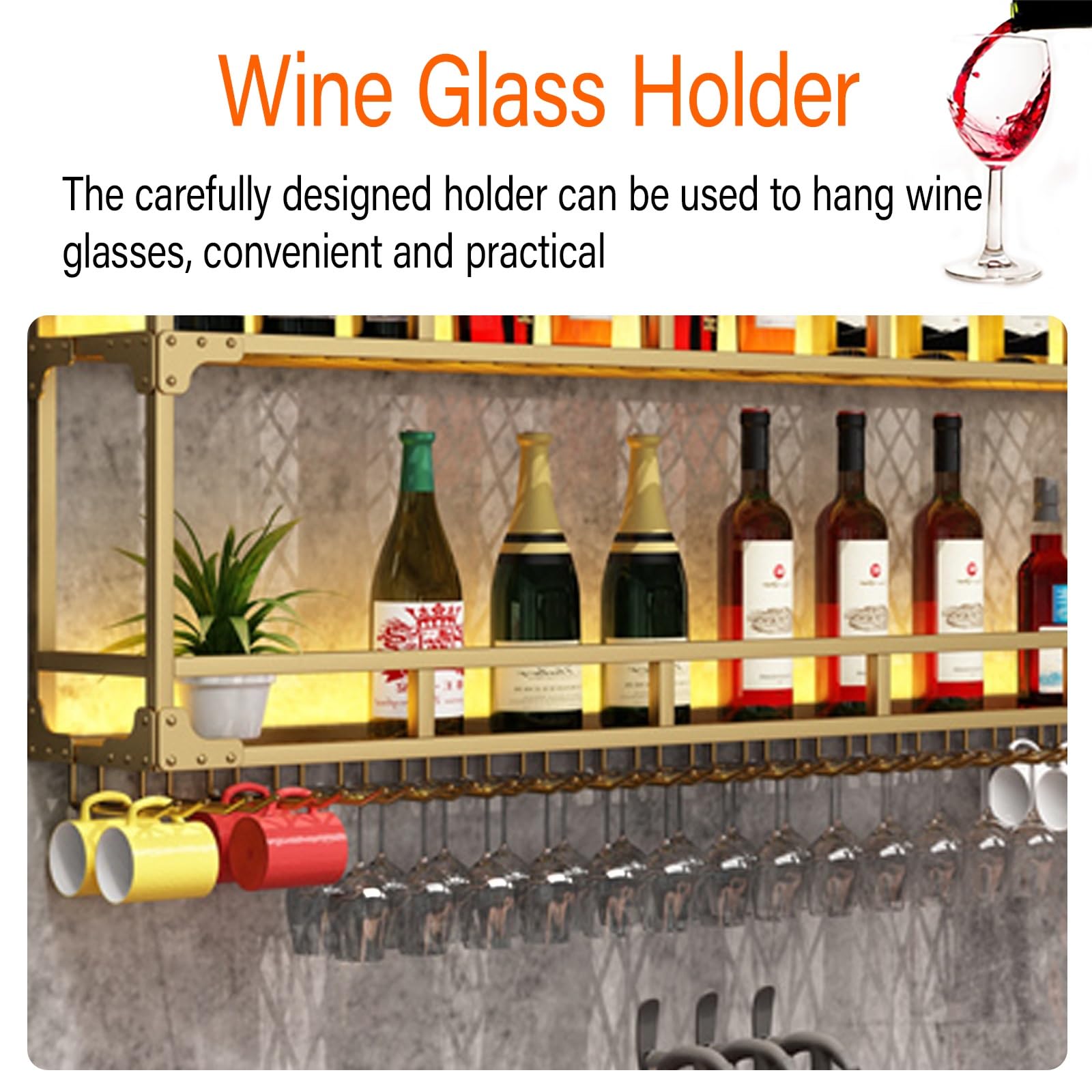 Estante De Vino LED Montado En La Pared,Botellero De Pared,Botellero Colgante De Hierro Forjado Para Botellas De Vino,Estante Multifuncional Para Exhibición De Vinos(Gold,80X90cm/31.5x35.4in)
