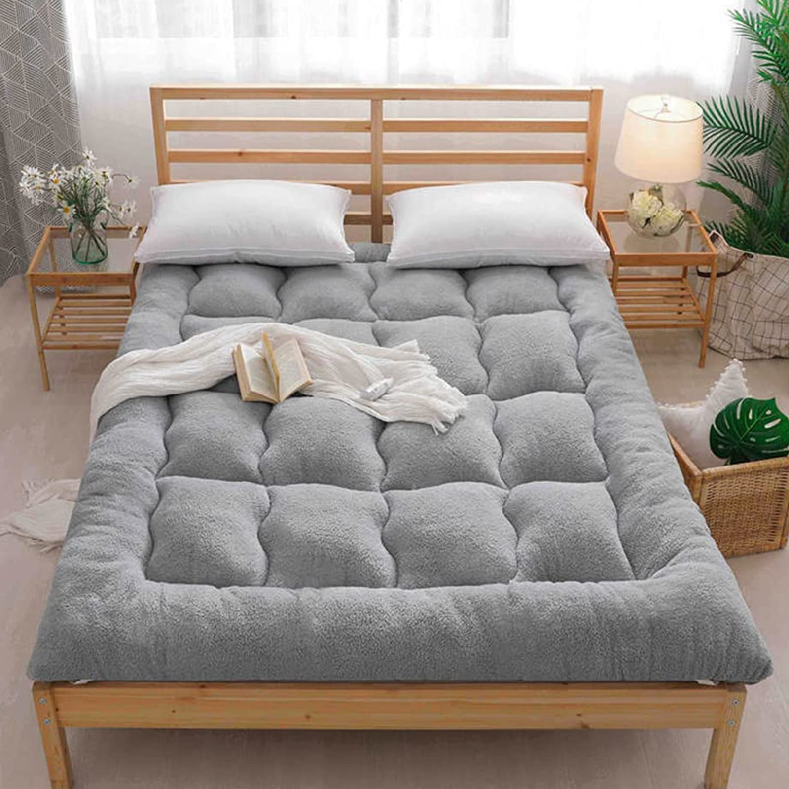 Tragbare Samt-Futon-Matratze, aufrollbar, für Schlafsaal, Gästebett, Camping, Doppelbett, Grau (180 x 200 cm)