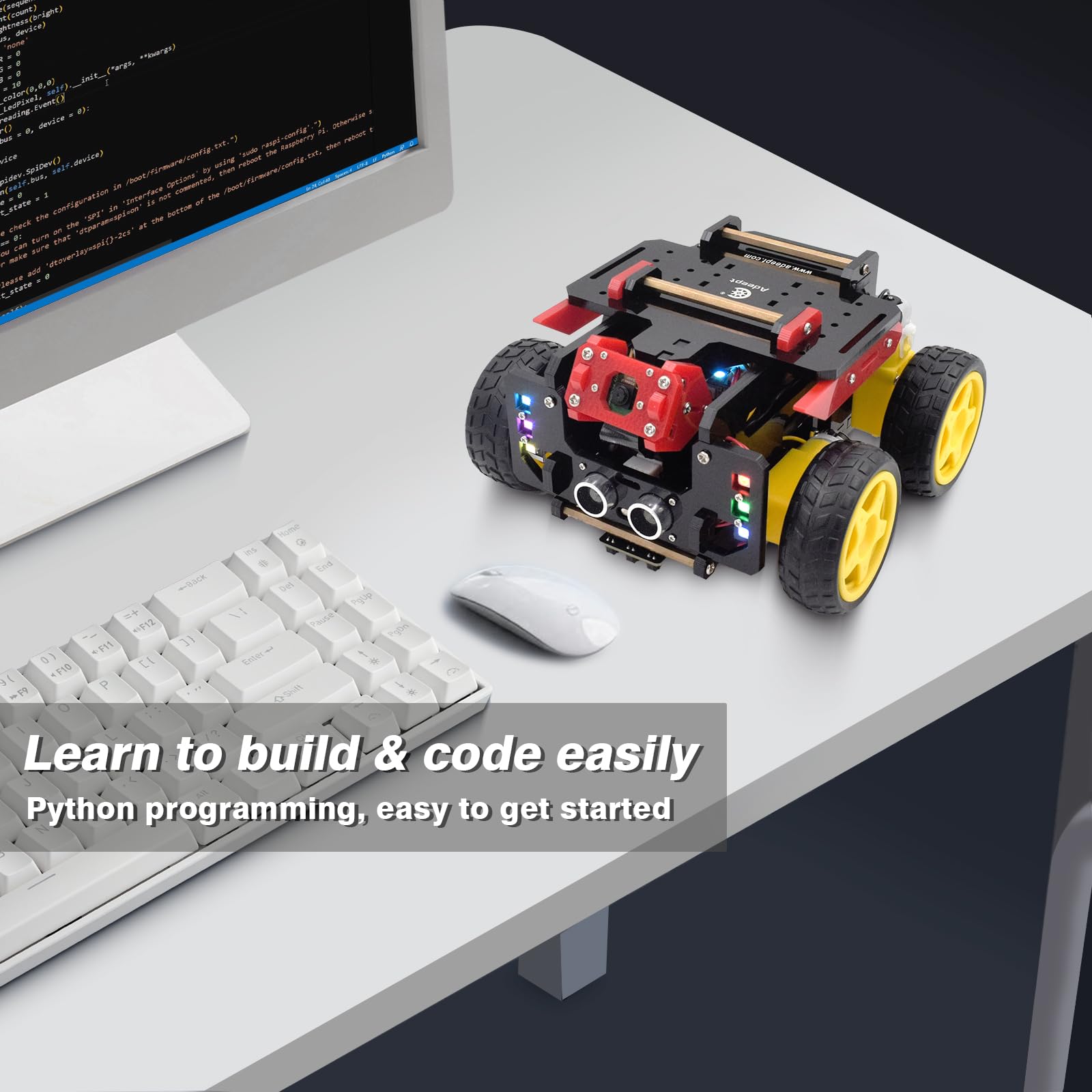 Adeept AWR 4WD Smart Robot Car Kit per Raspberry Pi 5/4B/3B/3B+(scheda non inclusa), Line Tracking, Evitamento ostacoli, servomotore, ricarica USB-C, OpenCV Python DIY Robotics