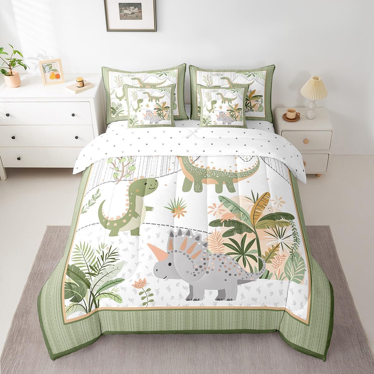 Feelyou Kids Cute Dinosaur 7 Piece Bedding Set Twin Size Cartoon Dinosaur Comforter Set with Sheets for Boys Girls Teens Green Grey Bed in a Bag Coconut Plant Bed Set