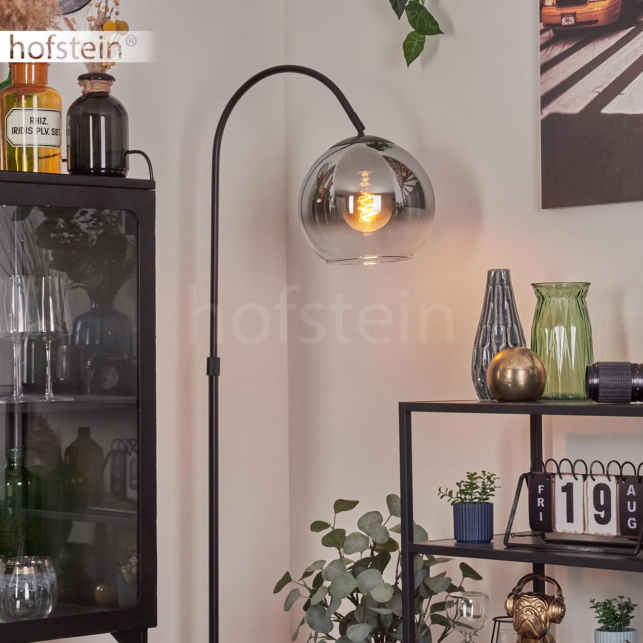 Lampada da terra Koyoto, lampada da terra metallo/vetro in nero/cromo/fumo/trasparente, lampada in design retrò/vintage/industriale con paralume in vetro (Ø 25 cm) e interruttore a pedale, 1x E27,